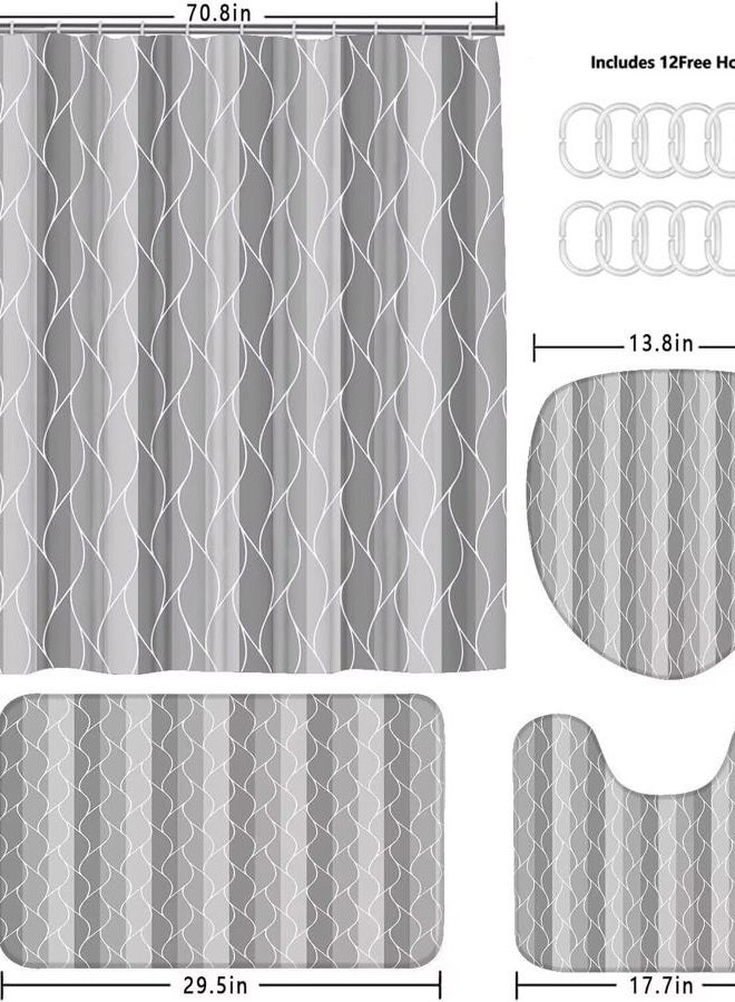 DDQQ 4Pcs Grey Shower Curtain Set with Rugs Stripe Bathroom Sets Geometric Wave Lines Shower Curtain with 12 Hooks Bathroom Decor with Rugs Bath Accessories with Mats Toilet Lid Cover - Image 4
