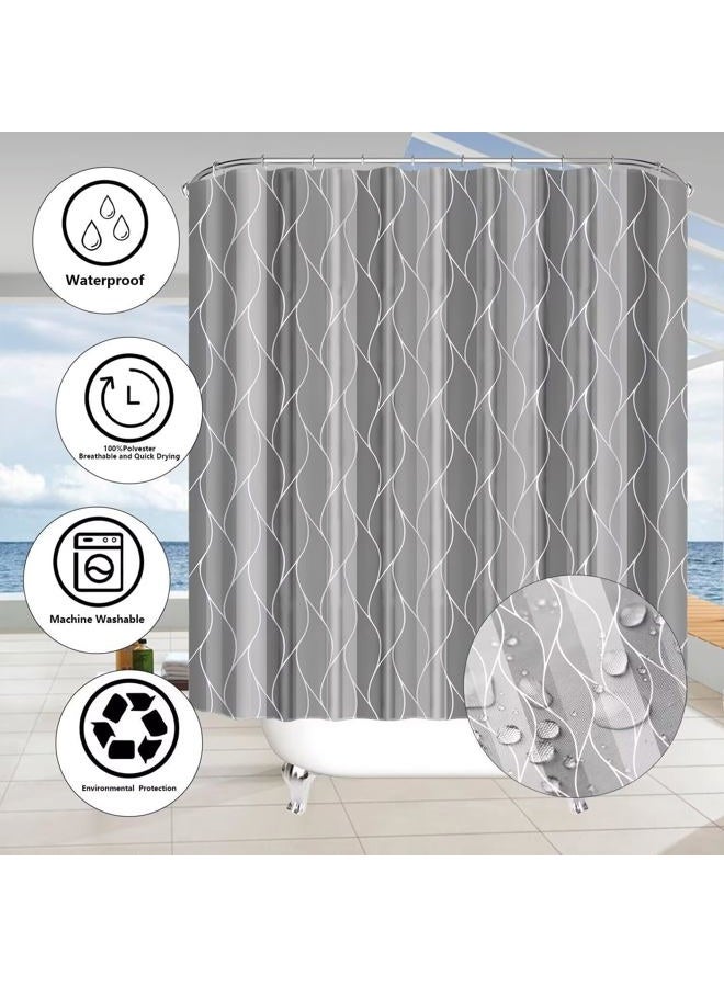DDQQ 4Pcs Grey Shower Curtain Set with Rugs Stripe Bathroom Sets Geometric Wave Lines Shower Curtain with 12 Hooks Bathroom Decor with Rugs Bath Accessories with Mats Toilet Lid Cover - Image 5