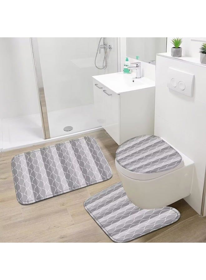 DDQQ 4Pcs Grey Shower Curtain Set with Rugs Stripe Bathroom Sets Geometric Wave Lines Shower Curtain with 12 Hooks Bathroom Decor with Rugs Bath Accessories with Mats Toilet Lid Cover - Image 3
