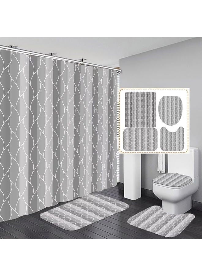 DDQQ 4Pcs Grey Shower Curtain Set with Rugs Stripe Bathroom Sets Geometric Wave Lines Shower Curtain with 12 Hooks Bathroom Decor with Rugs Bath Accessories with Mats Toilet Lid Cover - Image 1