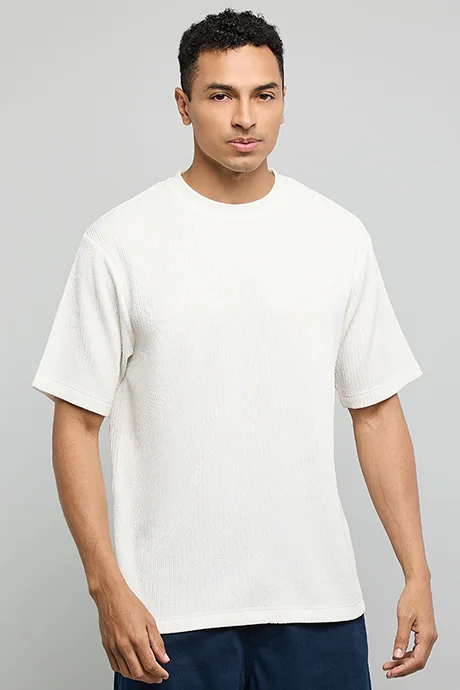 أر أند بي Textured T-Shirt with Crew Neck and Short Sleeves