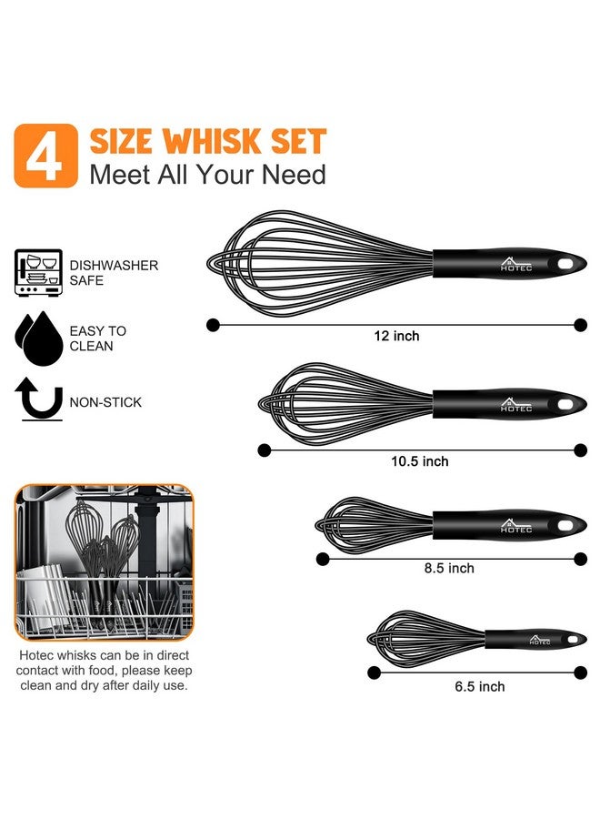 HOTEC 4 Pieces Silicone Whisks Set, Wire Balloon Whisks Egg Beater, Non-slip Handle Whisk for Non-stick Cookware Perfect for Cooking, Stirring, Beating and Blending (Black) - Image 3
