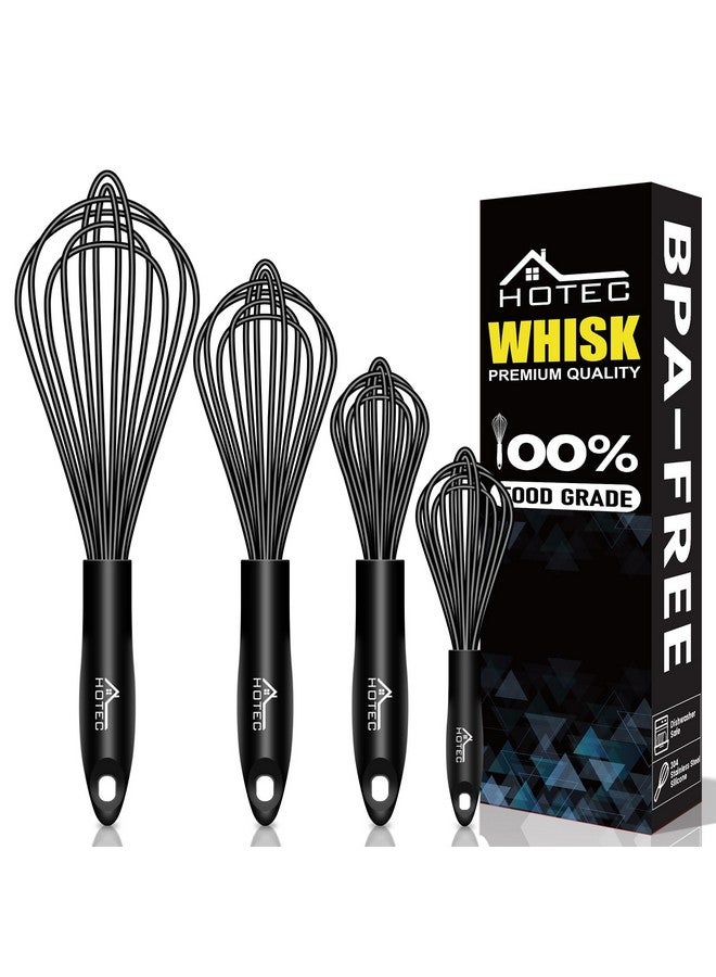 HOTEC 4 Pieces Silicone Whisks Set, Wire Balloon Whisks Egg Beater, Non-slip Handle Whisk for Non-stick Cookware Perfect for Cooking, Stirring, Beating and Blending (Black) - Image 1