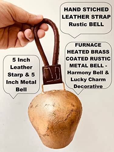 ALADEAN Rustic Decorative Bell 5 Large Harmony Bell Vintage Handmade Giant Swiss Cowbell Christmas Wreath Ornament Huge Country Style Door Wall Hanging Bells Shabby Chic 1 Rustic Bell 5 Leather Strap - Image 3