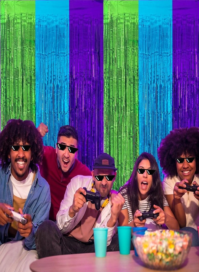 عبوتان من ستائر شراشيب معدنية لألعاب الفيديو، خلفية لتزيين حفلات أعياد الميلاد، 3.28 × 6.56 قدم، شرائط لامعة من رقائق معدنية باللون البنفسجي والأزرق والأخضر، دعائم كشك الصور لحفلات أعياد ميلاد الأولاد التي تعتمد على ألعاب الفيديو، لوازم تزيين وهدايا. - Image 2