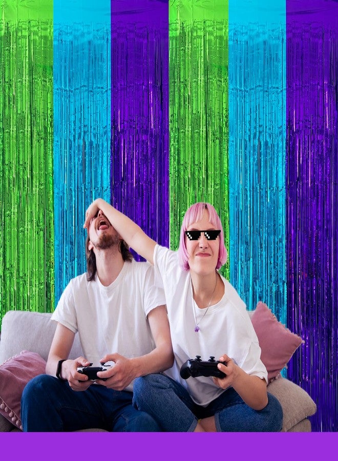 عبوتان من ستائر شراشيب معدنية لألعاب الفيديو، خلفية لتزيين حفلات أعياد الميلاد، 3.28 × 6.56 قدم، شرائط لامعة من رقائق معدنية باللون البنفسجي والأزرق والأخضر، دعائم كشك الصور لحفلات أعياد ميلاد الأولاد التي تعتمد على ألعاب الفيديو، لوازم تزيين وهدايا. - Image 5