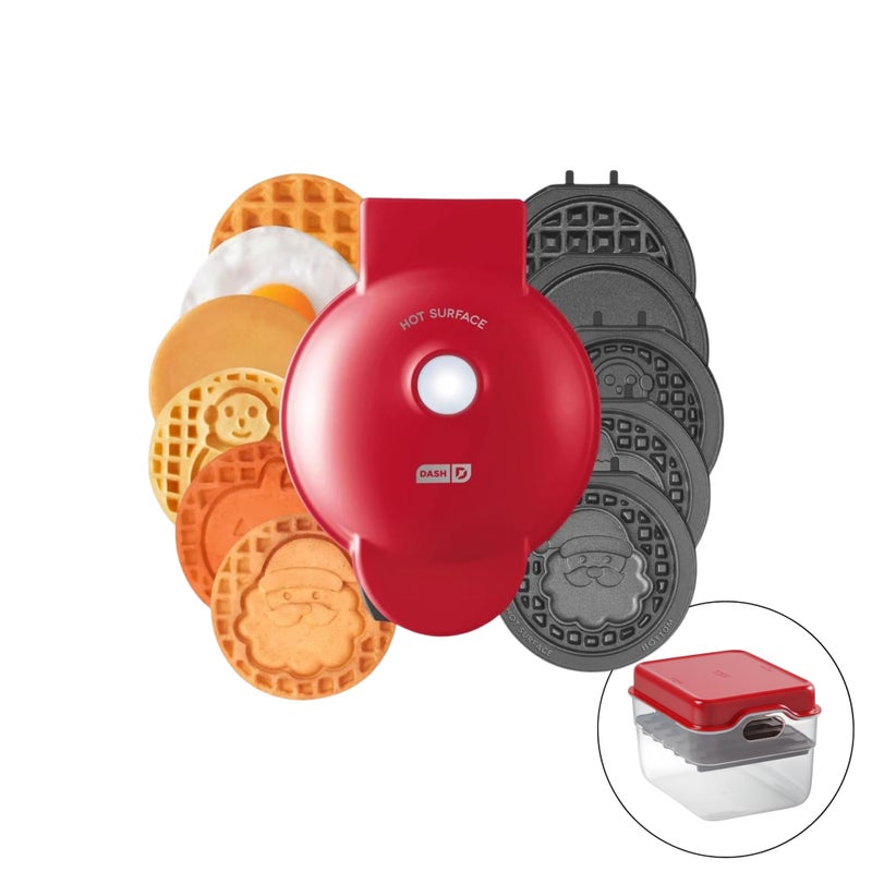 DASH Multimaker with 7 Removable Plates: Waffle Iron & Griddle + 3 Themed Plates - Santa Pumpkin Snowman - Mini Waffle for Halloween and Christmas Holidays - for Kids and Families (Red) - Image 1