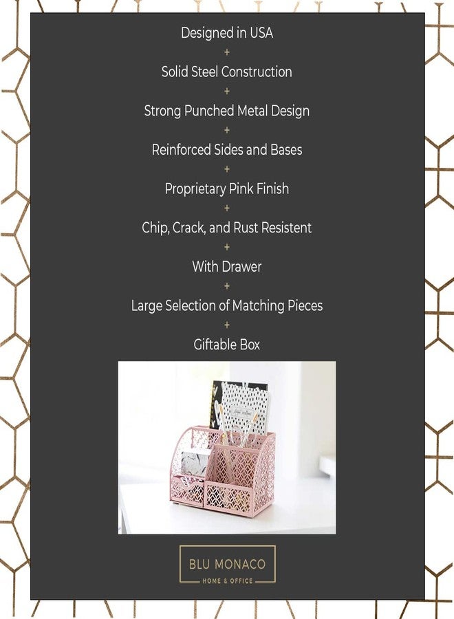 BLU MONACO Light Pink Desk Organizer | Cute Metal Desktop Organizer with Drawer & 6 Compartments | Girly Office Supply Storage for Home Office, School Locker & Workspace - Image 3