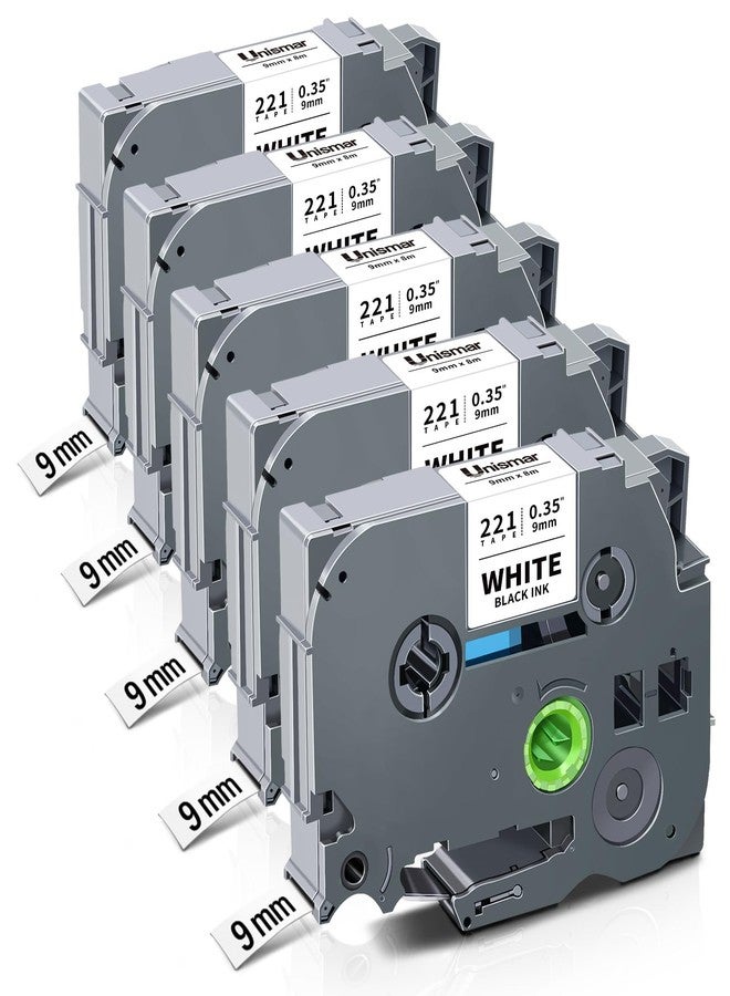 Unismar Tze 9mm 0.35'' Laminated White Compatible for Brother TZe-221 TZ-221 Label Tape Work for Ptouch PTD210 PTD220 PTD200 PTH110 PTH100 PTD400 PTD600 PT1280, Black on White 3/8'' x 26.2ft, 5-Pack - Image 1