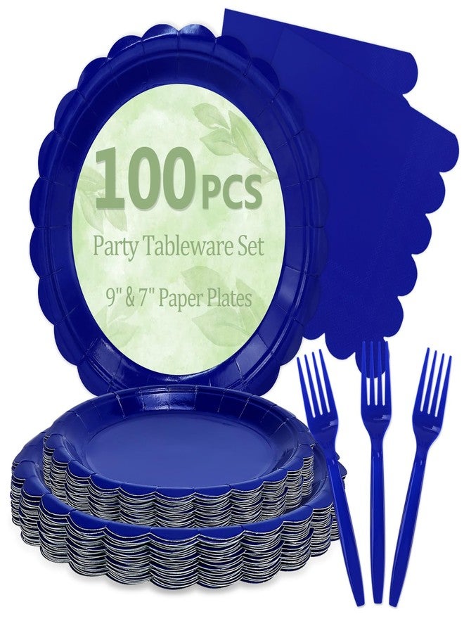 Mulbozy 100 Royal Blue Plates and Napkins Disposable Set Includes 25-9" & 25-7" Dessert Cake Scalloped Plates, Cocktail Napkins, Forks for for Holiday Party Supplies - Image 1