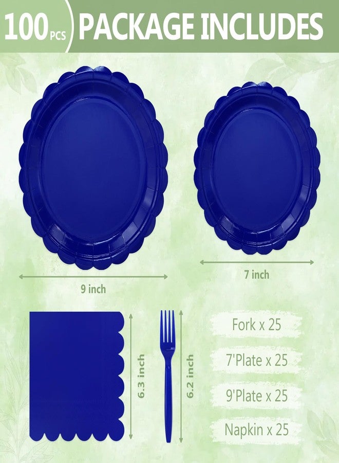 Mulbozy 100 Royal Blue Plates and Napkins Disposable Set Includes 25-9" & 25-7" Dessert Cake Scalloped Plates, Cocktail Napkins, Forks for for Holiday Party Supplies - Image 2