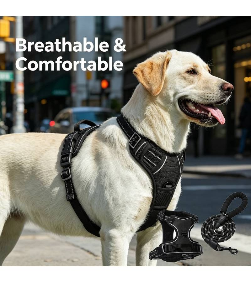 Black Medium Dog Chest Harness Leash with Reflective Strip and Handle - Image 2