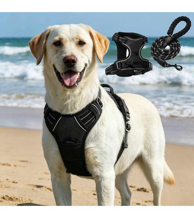 Black Medium Dog Chest Harness Leash with Reflective Strip and Handle - Image 1