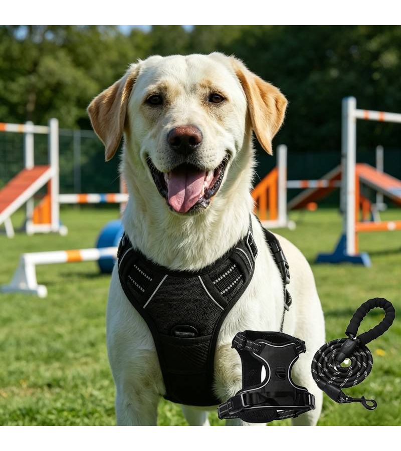 Black Medium Dog Chest Harness Leash with Reflective Strip and Handle - Image 3