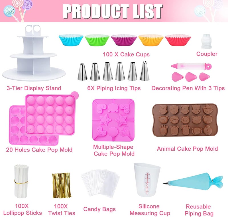 Ranchitel Cake Pop Maker Kit with 3 Silicone Mold Sets - 3 Tier Display Stand, Piping Tips and Coupler, Measuring Cup, Muffin Cupcakes, Decorating Pen, Lollipop Sticks, Candy Bags, Mothers Day Gifts for Mom - Image 2