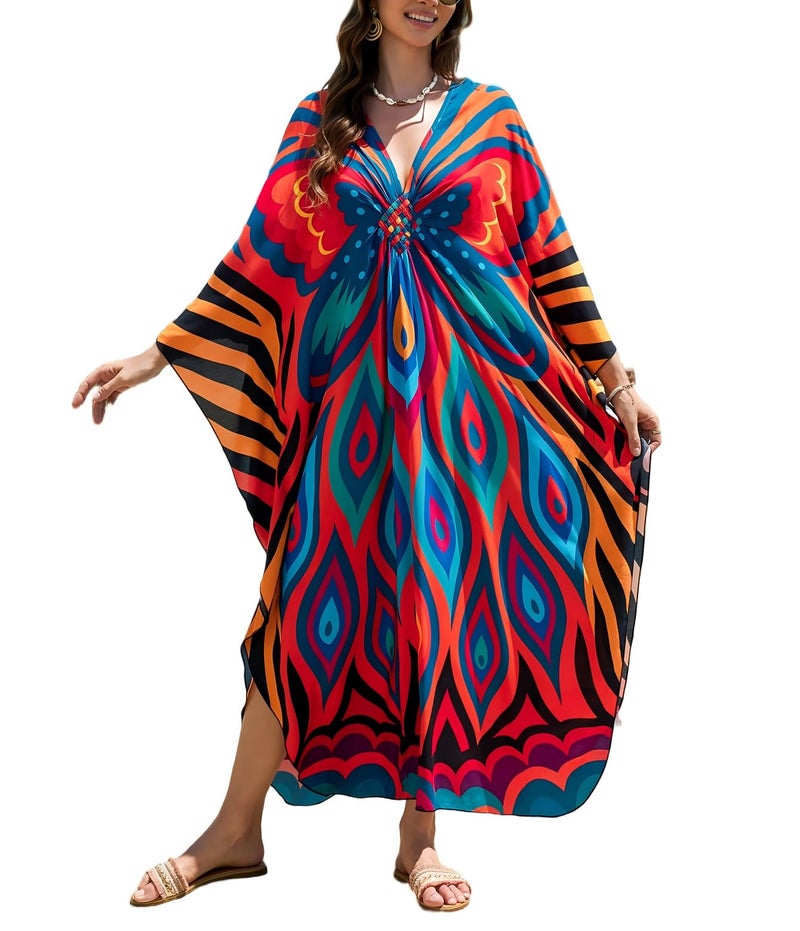 IMAGEKOPE Plus Size Kaftan Dress for Women - Lightweight V-Neck Beach Cover Up for Poolside, Resort, and Loungewear - Image 1