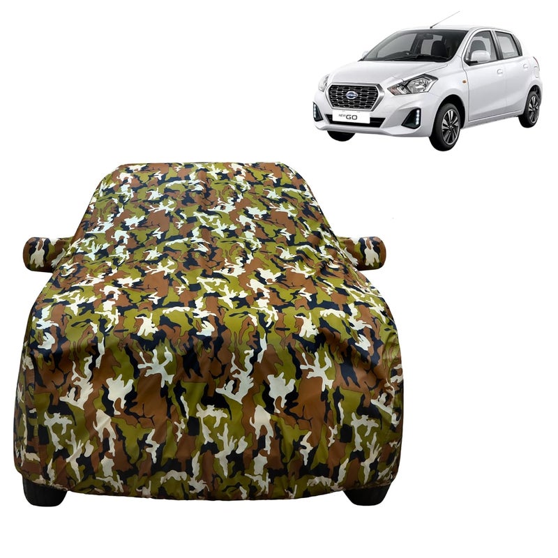 VYAS 100% Waterproof Car Body Cover for Datsun Go (2013-2022) with Mirror Pocket Triple Stitched Belt & Buckle Fitting Dual Elastic, Durable Material Jungle Print Camouflage Design - Image 1