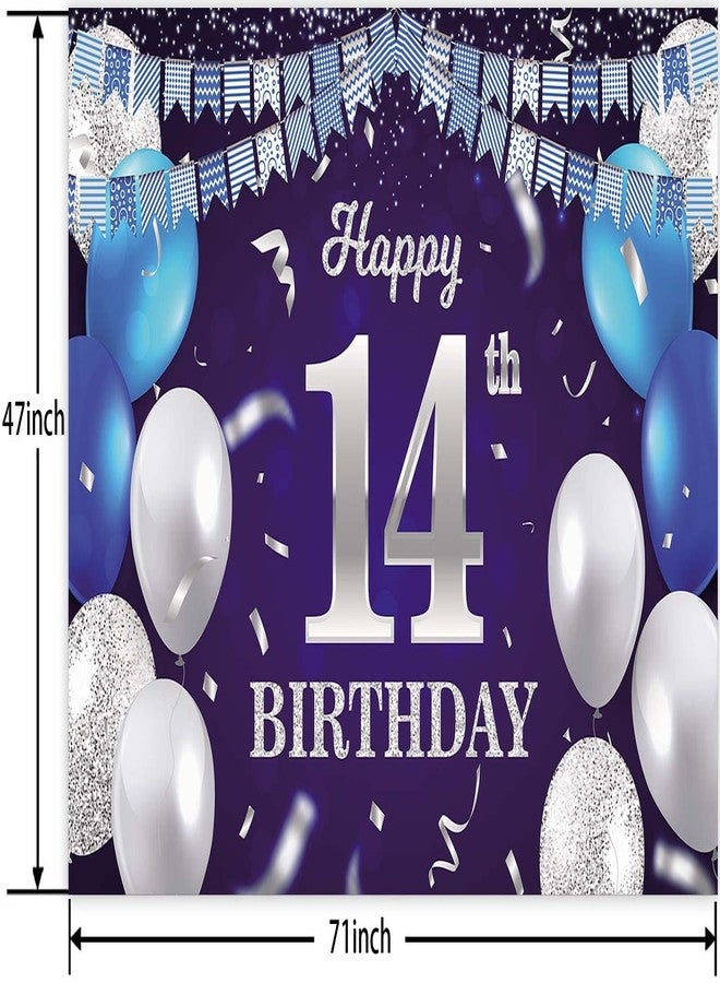 DZTRELFK Happy 14th Birthday Banner Backdrop Navy Blue Balloons Confetti Stripe Flag Light Spots Cheers to 14 Years Old Theme Decorations Decor for Girls Boys 14th Birthday Party Bday Supplies Glitter Silver - Image 2