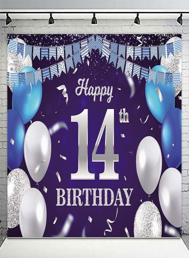 DZTRELFK Happy 14th Birthday Banner Backdrop Navy Blue Balloons Confetti Stripe Flag Light Spots Cheers to 14 Years Old Theme Decorations Decor for Girls Boys 14th Birthday Party Bday Supplies Glitter Silver - Image 5