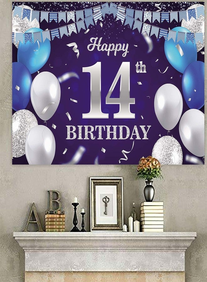 DZTRELFK Happy 14th Birthday Banner Backdrop Navy Blue Balloons Confetti Stripe Flag Light Spots Cheers to 14 Years Old Theme Decorations Decor for Girls Boys 14th Birthday Party Bday Supplies Glitter Silver - Image 4