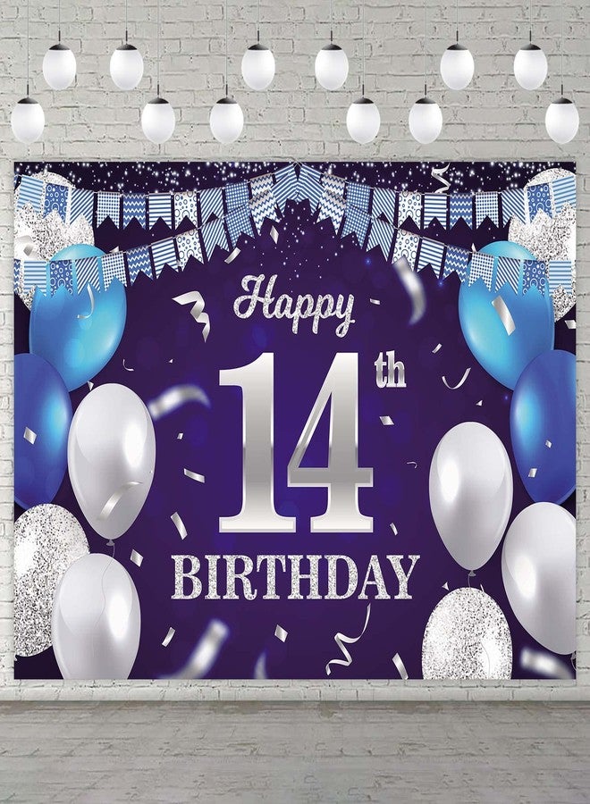 DZTRELFK Happy 14th Birthday Banner Backdrop Navy Blue Balloons Confetti Stripe Flag Light Spots Cheers to 14 Years Old Theme Decorations Decor for Girls Boys 14th Birthday Party Bday Supplies Glitter Silver - Image 1