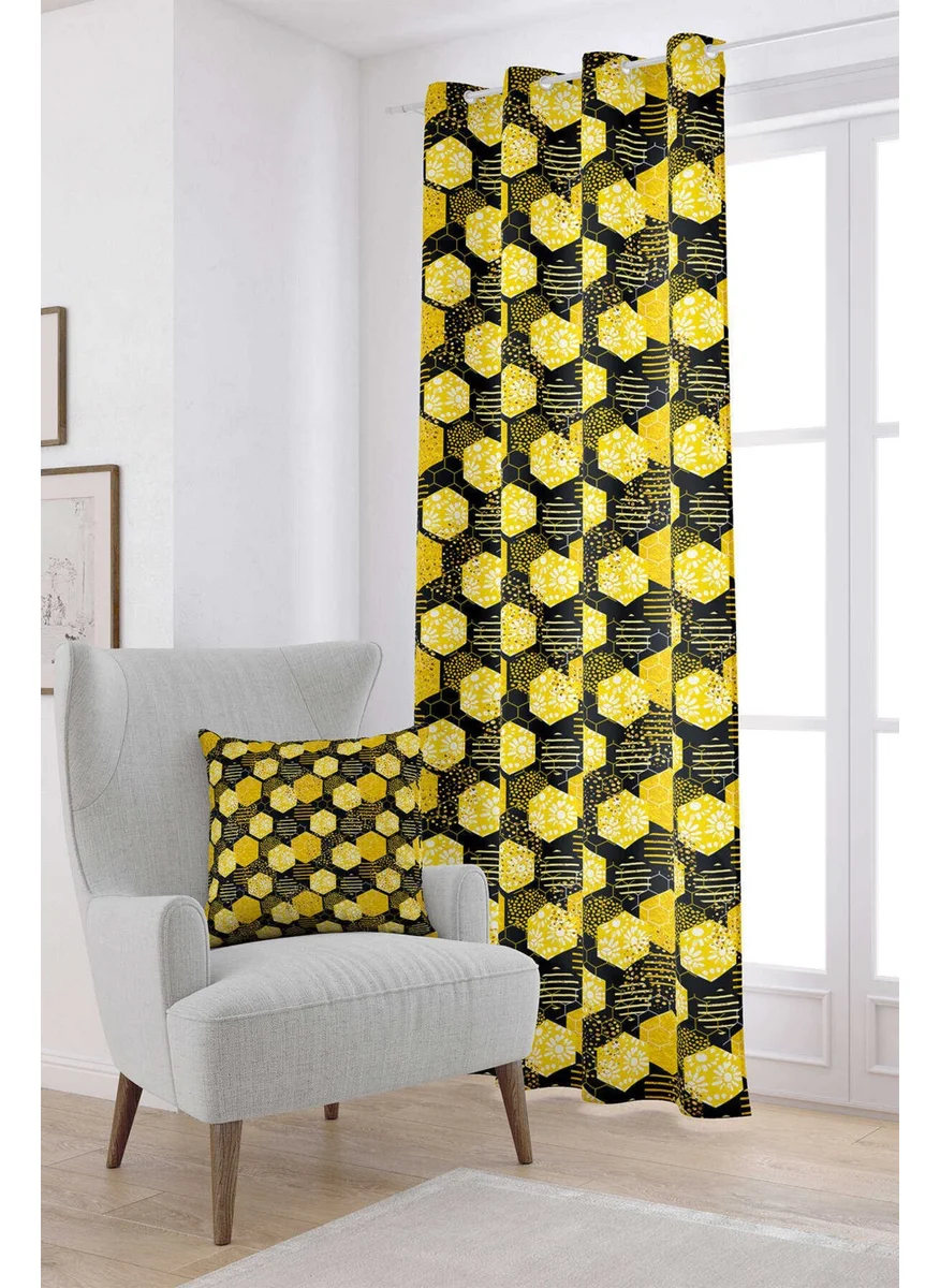 Cango Home Yellow Black Honeycomb Daisy Patterned Digital Printed Curtain CGH1192-PR