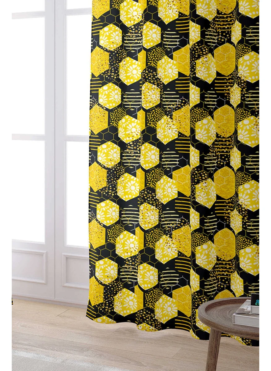 Cango Home Yellow Black Honeycomb Daisy Patterned Digital Printed Curtain CGH1192-PR