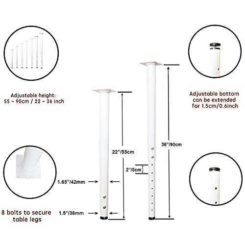 Jahof Adjustable Table Legs 22-36 inch (55-90 cm), Ø42/38 mm (4, White) - Image 2