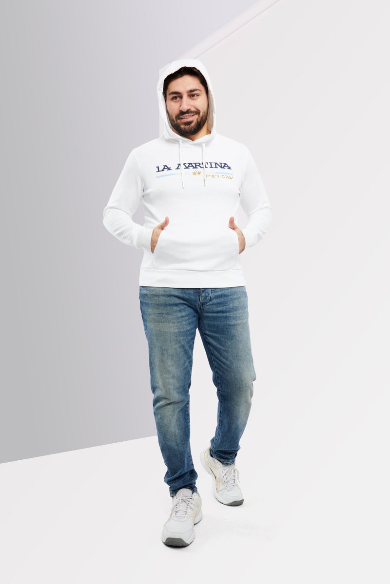 La Martina سويت شيرت بأكمام طويلة مع غطاء رأس للرجال، شعار العلامة التجارية، أبيض بصري - Image 2