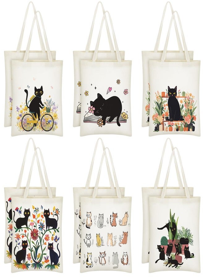 Wovnet 12 Pcs Black Cat Tote Bags Cute Canvas Gift Bag Bulk for Women Cat Lovers - Image 1