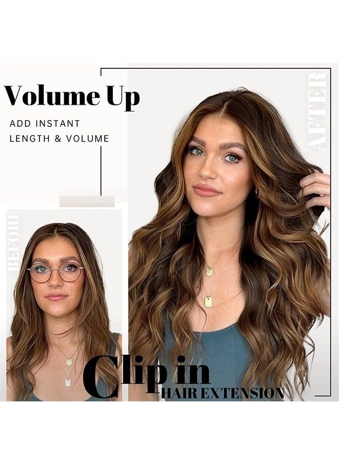 KooKaStyle Clip in Long Wavy Synthetic Hair Extension 20 Inch 4PCS Balayage Dark Brown to Chestnut Hairpieces Fiber Thick Double Weft Hair Extension for Women 