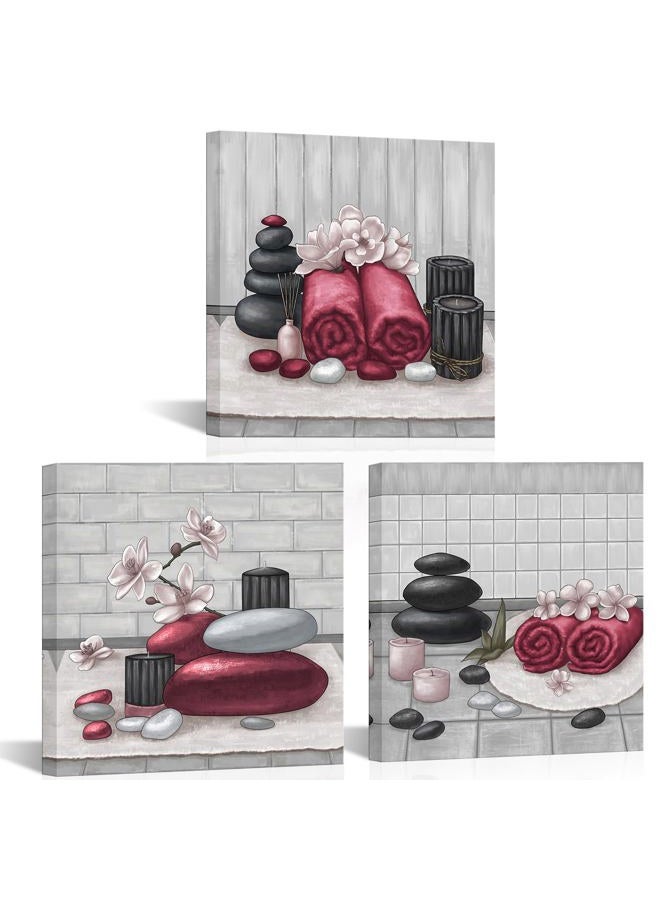 RnnJoile Spa Canvas Wall Art Zen Stone Orchid Picture Painting Burgundy Still Life Prints for Bathroom Zen Meditation Room Decor Framed 12"x16" for Each - Image 1