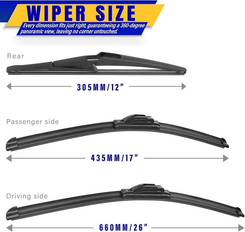 Rooppa 3 Wipers Replacement for 2014-2019 Nissan Rogue, Windshield Wiper Blades Original Equipment Replacement - 26/17/12 (Set of 3) U/J HOOK - Image 2