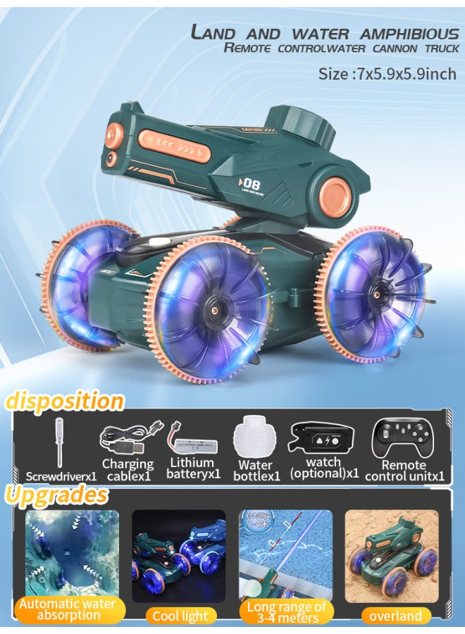 Loquat Children's Lights Amphibious Water Jet Remote Control Car Gesture Sensor Can Fire Water Cannon Tank Car Stunt Car Toy-Color:Amphibious Tank Vehicle  Dark Green-Specifications:Dual Batteries - Image 1