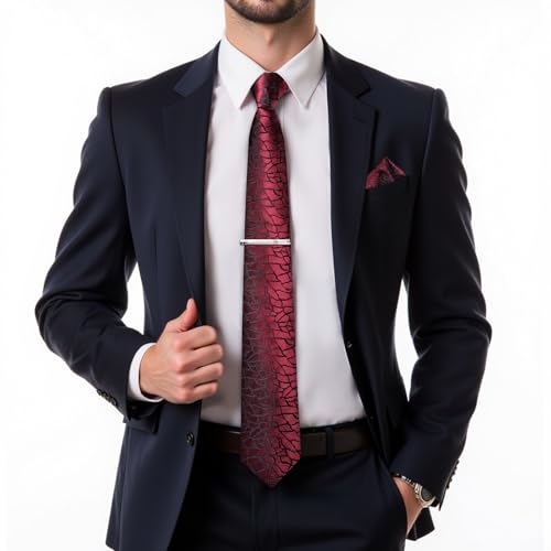 DiBanGu Plaid Ties for Men Silk Checkered Necktie and Pocket Square Cufflinks Tie Clip Set with Gift Box for Wedding Business, Red and Black - Image 2
