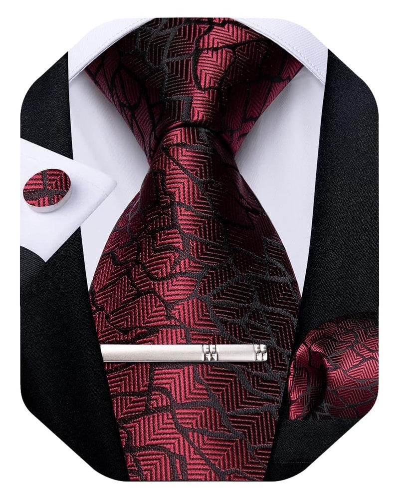DiBanGu Plaid Ties for Men Silk Checkered Necktie and Pocket Square Cufflinks Tie Clip Set with Gift Box for Wedding Business, Red and Black - Image 1