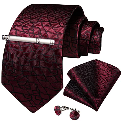 DiBanGu Plaid Ties for Men Silk Checkered Necktie and Pocket Square Cufflinks Tie Clip Set with Gift Box for Wedding Business, Red and Black - Image 3
