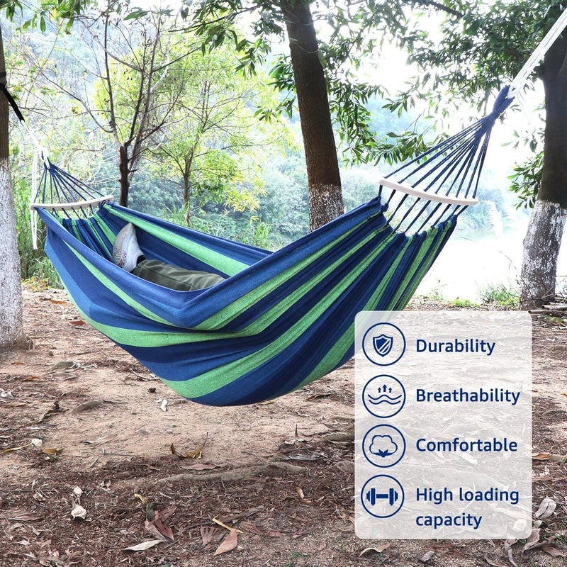 Baskety Double 2 Person Cotton Fabric Canvas Travel Hammocks 450lbs Ultralight Camping Hammock Portable Beach Swing Bed with HardwoodWooden 280 100cm Blue - Image 5