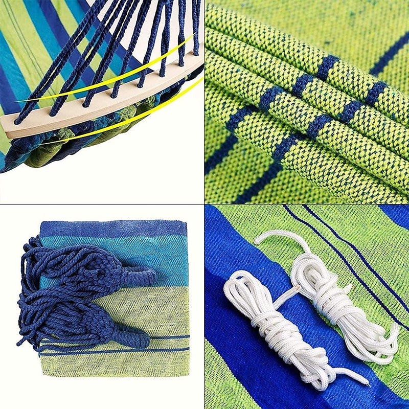 Baskety Double 2 Person Cotton Fabric Canvas Travel Hammocks 450lbs Ultralight Camping Hammock Portable Beach Swing Bed with HardwoodWooden 280 100cm Blue - Image 4