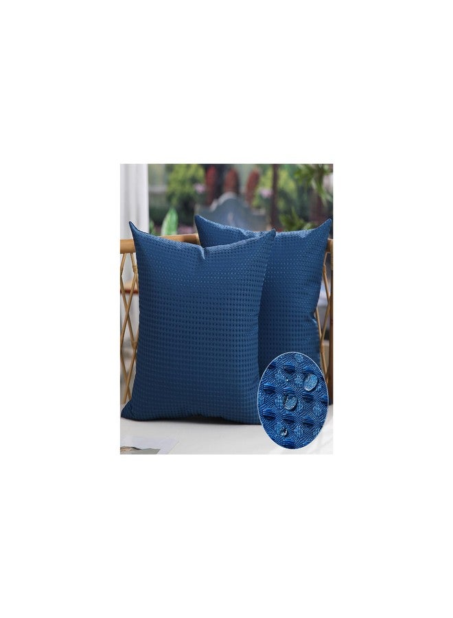 DFXSZ Outdoor Pillow Covers 18X18 Inch Set of 2 Dark Blue Waffle Textured Polyester Pillow Covers Spring Summer Outdoor Waterproof Decor for Patio Funiture Garden 025A18 - Image 1