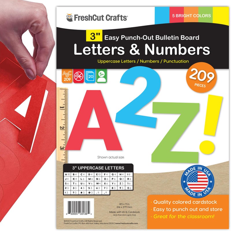FreshCut Crafts 209 Pcs 3" Bright Bulletin Board Letters & Numbers, Capital, Numbers, Punctuation, US Made Card Stock Punch Out Letters for Poster, Bulletin Board, Classroom - Precut - Image 1