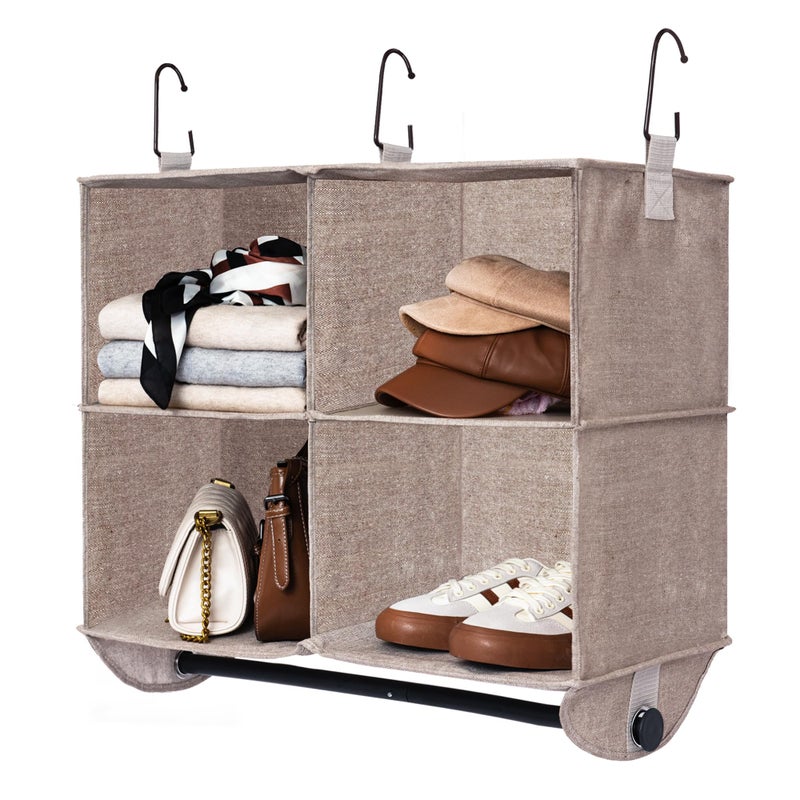 StorageWorks Hanging Closet Organizer with Metal Rod 4Section Closet Organizers and Storage Collapsible Hanging Shelves for Baby Clothes Shoes Sweater Storage Brown and Beige