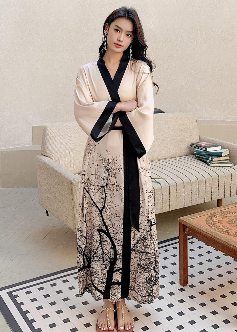 Kihnop Women's Floral Long Kimono Robe - Satin Silk Bathrobe Cover Up - Image 4