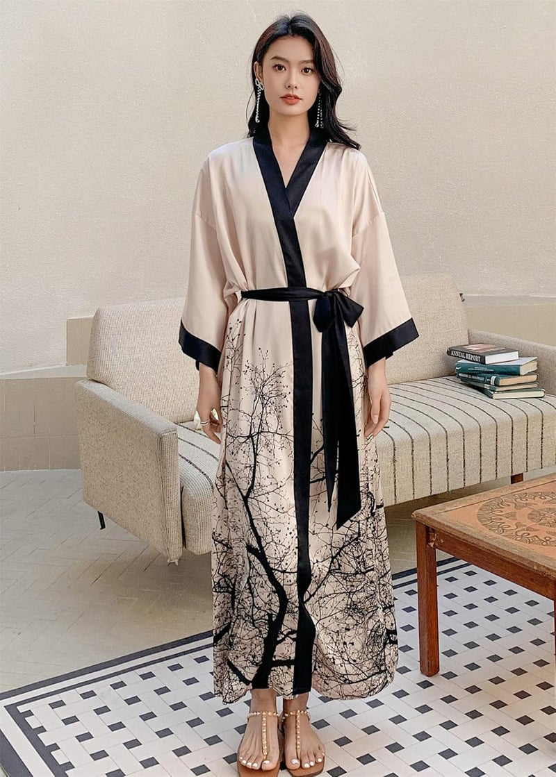 Kihnop Women's Floral Long Kimono Robe - Satin Silk Bathrobe Cover Up - Image 3