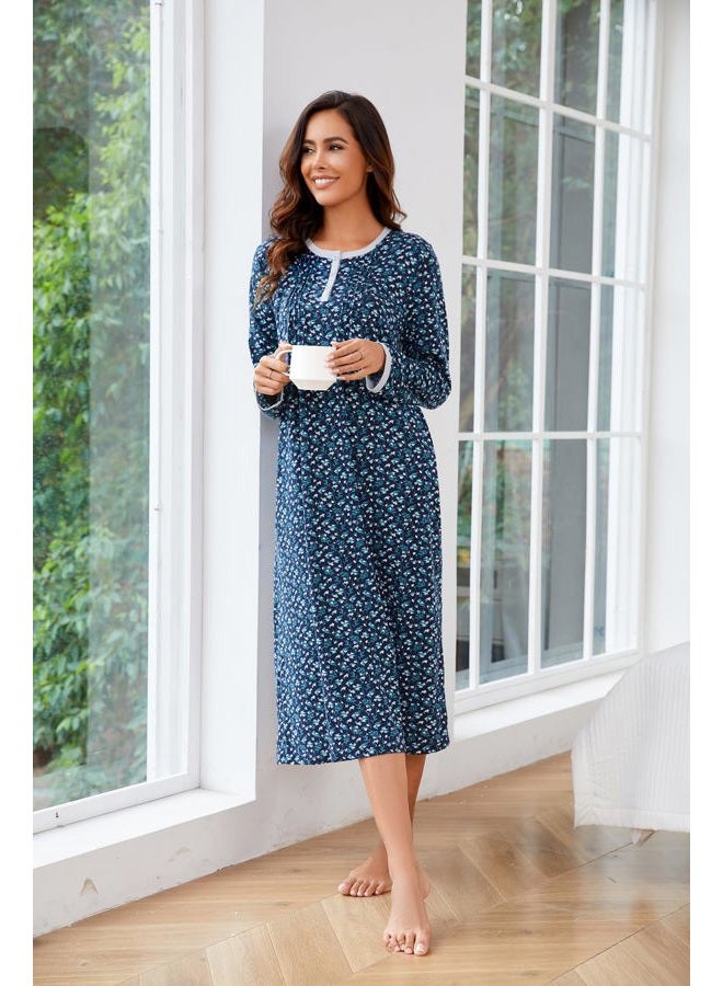 AVIIER Cotton Nightgowns for Women Soft Long Sleeve Night Gown with Pockets, Navy Flower, L - Image 4
