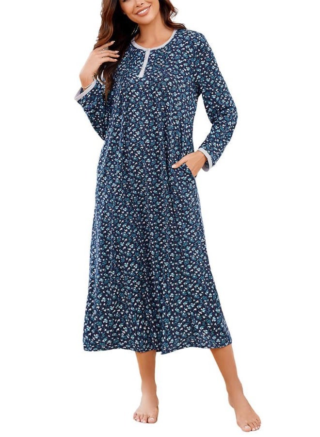 AVIIER Cotton Nightgowns for Women Soft Long Sleeve Night Gown with Pockets, Navy Flower, L - Image 1