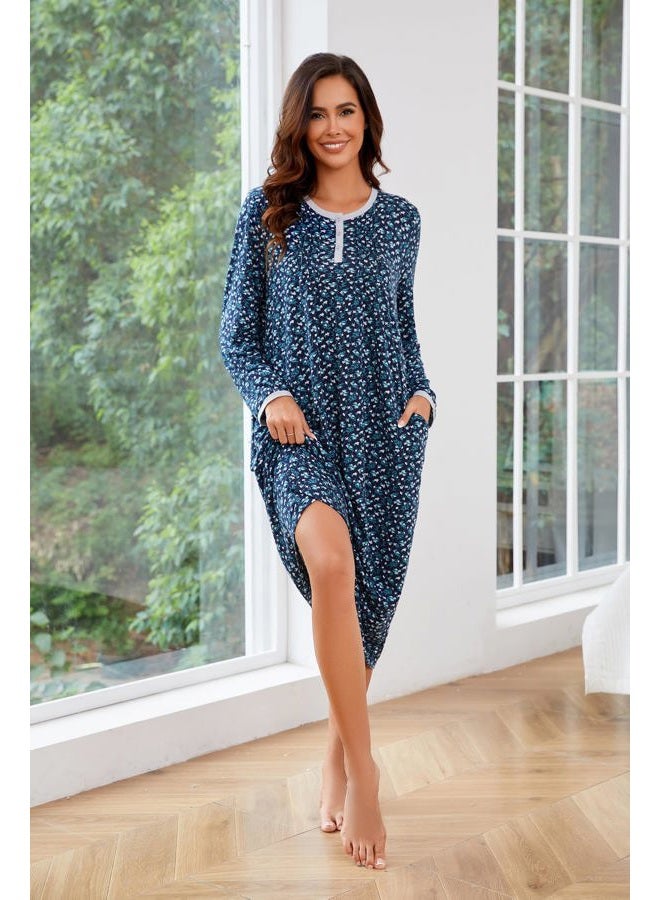 AVIIER Cotton Nightgowns for Women Soft Long Sleeve Night Gown with Pockets, Navy Flower, L - Image 3