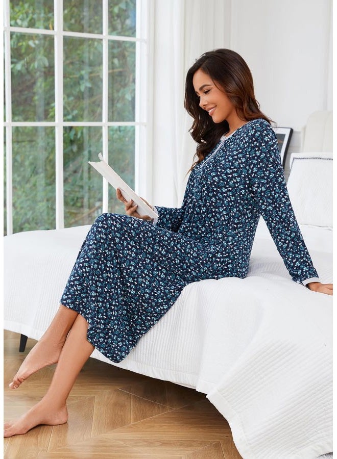 AVIIER Cotton Nightgowns for Women Soft Long Sleeve Night Gown with Pockets, Navy Flower, L - Image 2