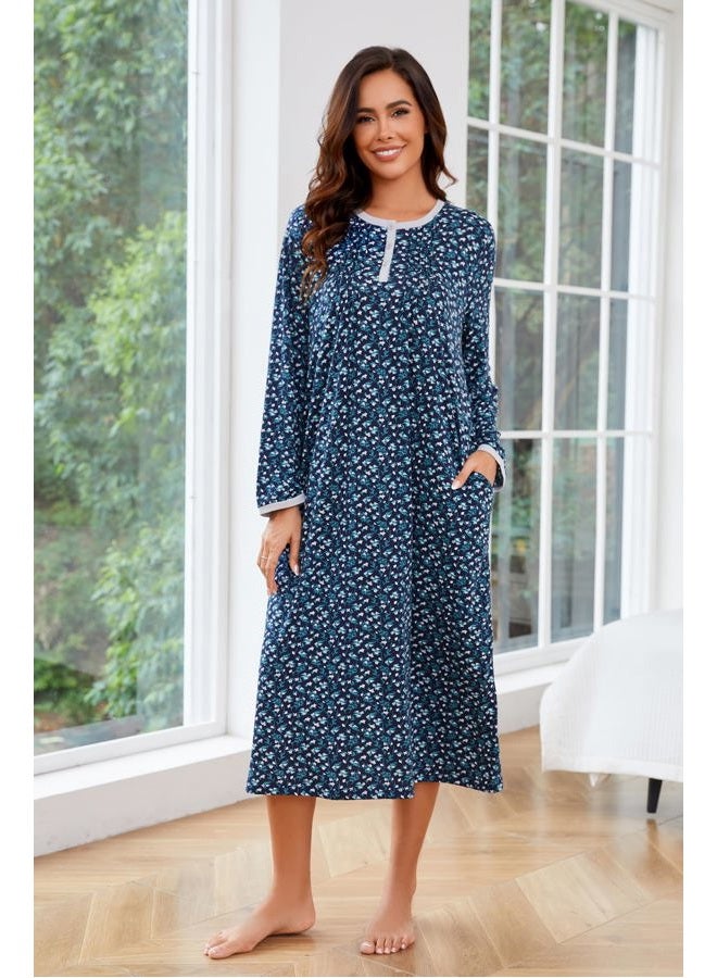 AVIIER Cotton Nightgowns for Women Soft Long Sleeve Night Gown with Pockets, Navy Flower, L - Image 5