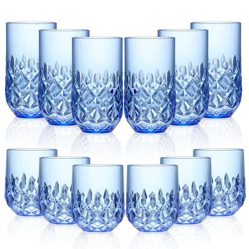 SKLENICE Acrylic Drinking Glasses Set of 12 Blue Mixed Drinks Glassware Unbreakable Palstic Tumbler and Rocks Glass Set 6pcs 18oz Highball and 6pcs 12 oz Cocktail Glasses for Cocktail Iced Coffee Beer Whiske - Image 1